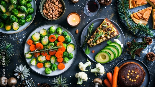 Wallpaper Mural Holiday meal with brussels sprouts, carrots, avocado, and festive dessert Torontodigital.ca