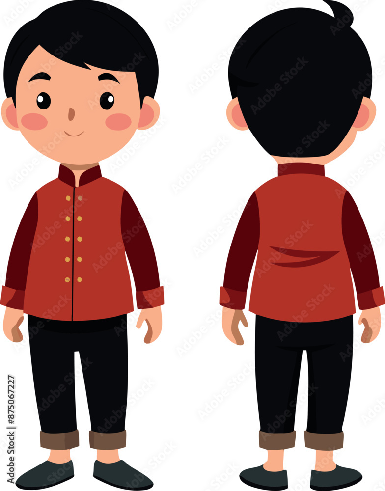 Fototapeta premium Cute Cartoon Boy in Traditional Red Outfit