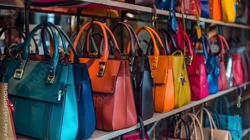 Colorful fashion collection lady woman bags sale at bag store shop. 