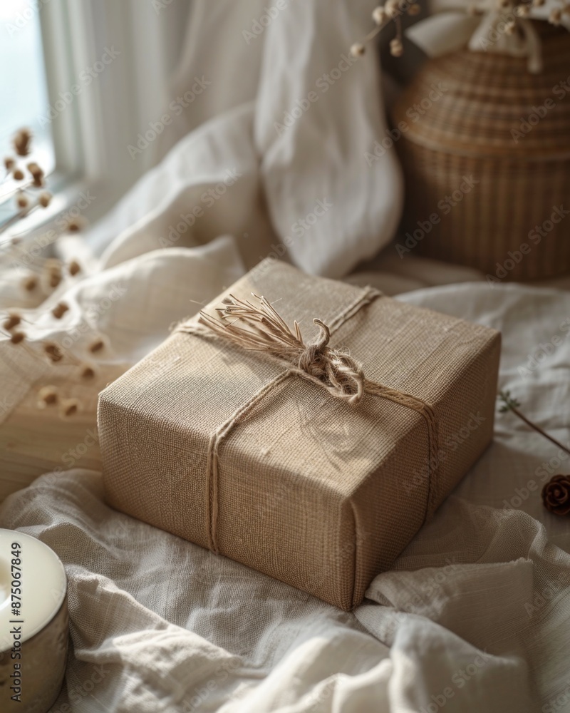 A beautifully wrapped gift box tied with twine and decorated with a sprig of dried flowers rests on a soft white cloth. A beautifully wrapped gift box tied with twine and decorated with a sprig of dried flowers rests on a soft white cloth.