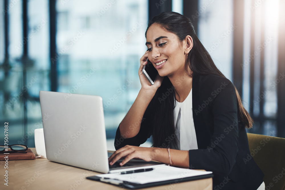 Business woman, phone call and laptop for research, schedule appointment and client conversation in office. Female attorney, mobile chat and computer with case feedback, verdict discussion and advice Business woman, phone call and laptop for research, schedule appointment and client conversation in office. Female attorney, mobile chat and computer with case feedback, verdict discussion and advice