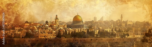 Skyline of the Old City at the Western Wall, the wailing wall, and Temple Mount in front of beautiful sunset, Jerusalem, Israel. Paper texture. AI generated illustration