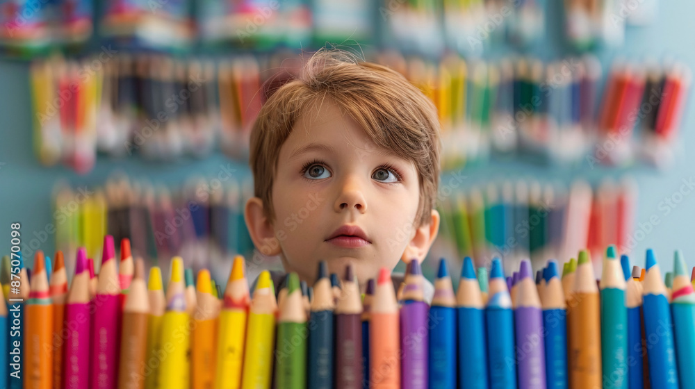 A child stands in the back-to-school section, deciding between two sets of colorful crayons, a symbol of creativity and education. A child stands in the back-to-school section, deciding between two sets of colorful crayons, a symbol of creativity and education.