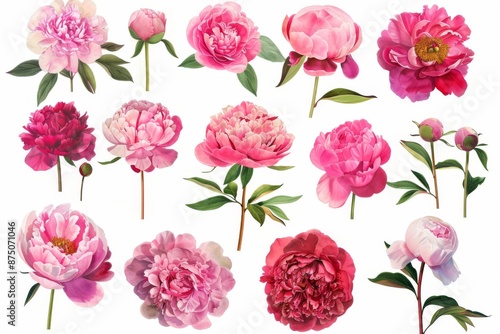Fototapeta Naklejka Na Ścianę i Meble -  A colorful collage of peonies in various stages of bloom and different shades of pink.