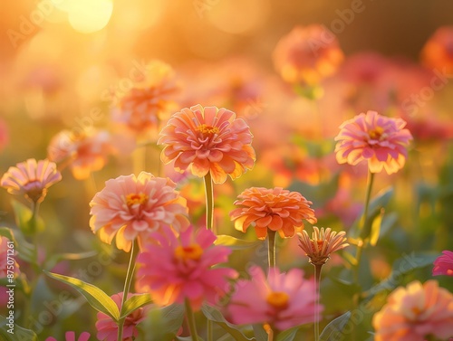 Zinnias basking in the golden sunlight of a summer afternoon, their vivid petals glowing with warmth and vitality.