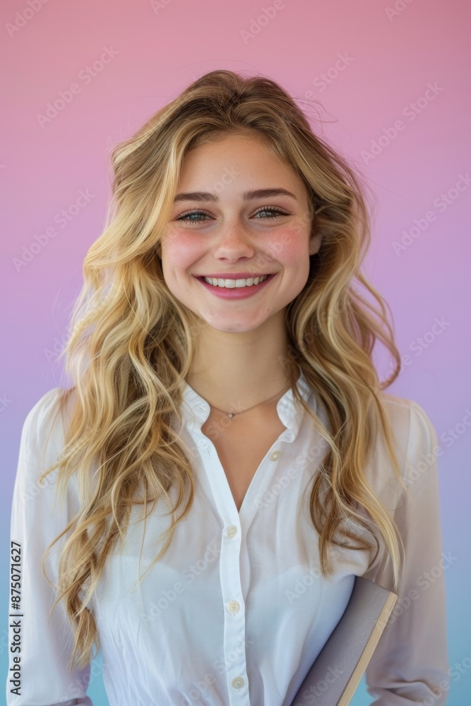 Portrait of a smiling young woman with long blond hair wearing a white shirt against a pink and purple background. Portrait of a smiling young woman with long blond hair wearing a white shirt against a pink and purple background.