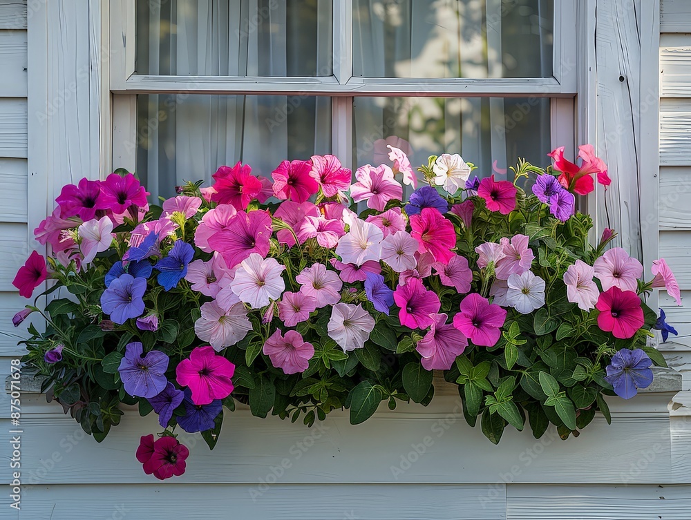 Fototapeta premium Petunias adorning a window box, their cheerful blooms enhancing the curb appeal of a home and bringing joy to passersby.
