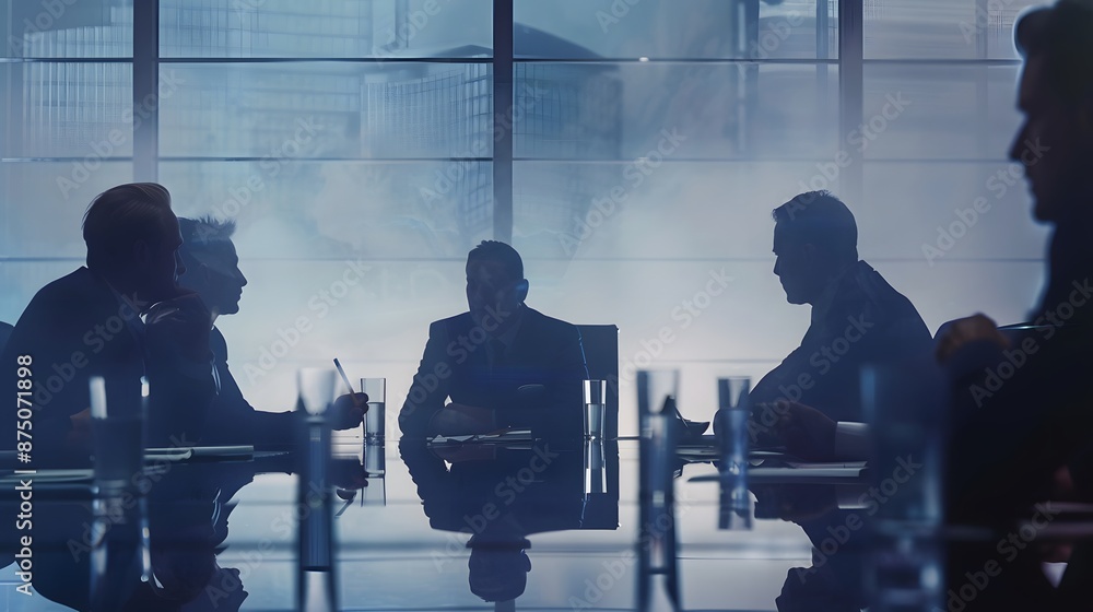 Professionals in strategic discussion in modern conference room, silhouettes and reflections dynamic Professionals in strategic discussion in modern conference room, silhouettes and reflections dynamic