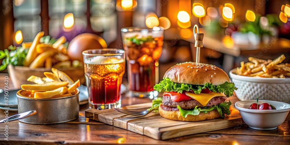 Delightful table setting in a cozy restaurant with a mouthwatering cheeseburger, crispy fries, and refreshing drinks, evoking warmth and joyful family dining memories. Delightful table setting in a cozy restaurant with a mouthwatering cheeseburger, crispy fries, and refreshing drinks, evoking warmth and joyful family dining memories.