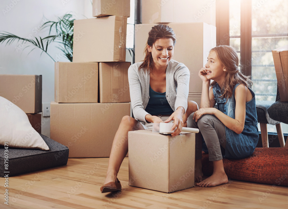 Mother, child and packing boxes to new home for moving, mortgage investment and property relocation with bonding. Woman, daughter and happy with tape for cardboard package or real estate in apartment Mother, child and packing boxes to new home for moving, mortgage investment and property relocation with bonding. Woman, daughter and happy with tape for cardboard package or real estate in apartment