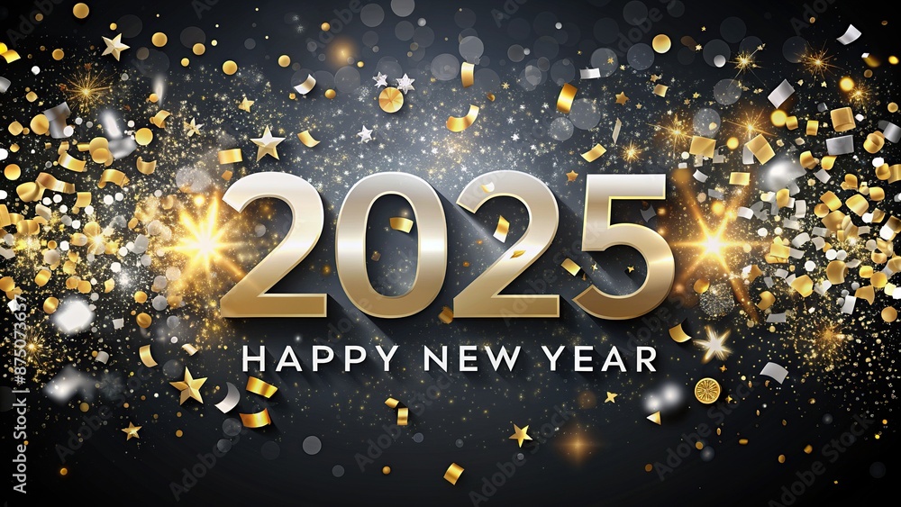 Vibrant silver and gold confetti bursts against a sleek black background, providing a festive blank canvas for custom New Year 2025 messages and designs. Vibrant silver and gold confetti bursts against a sleek black background, providing a festive blank canvas for custom New Year 2025 messages and designs.