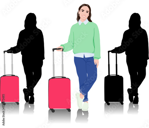 Young woman tourist. Girl in casual clothes with a suitcase. Female traveler goes on a journey. Vector illustration isolated on white	