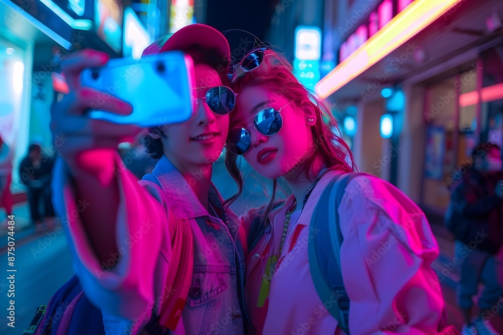 A couple in coordinated Y2K outfits, taking a selfie with an early 2000s digital camera in a neon-lit city street A couple in coordinated Y2K outfits, taking a selfie with an early 2000s digital camera in a neon-lit city street