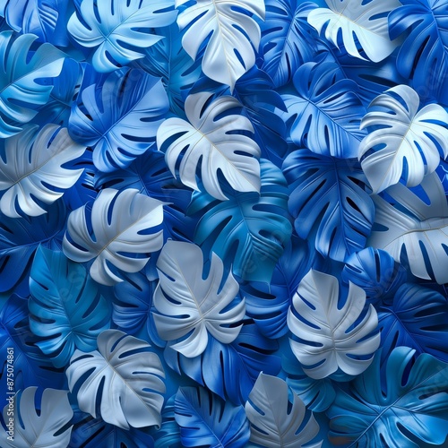 A blue background with white leaves and a blue and white leafy pattern