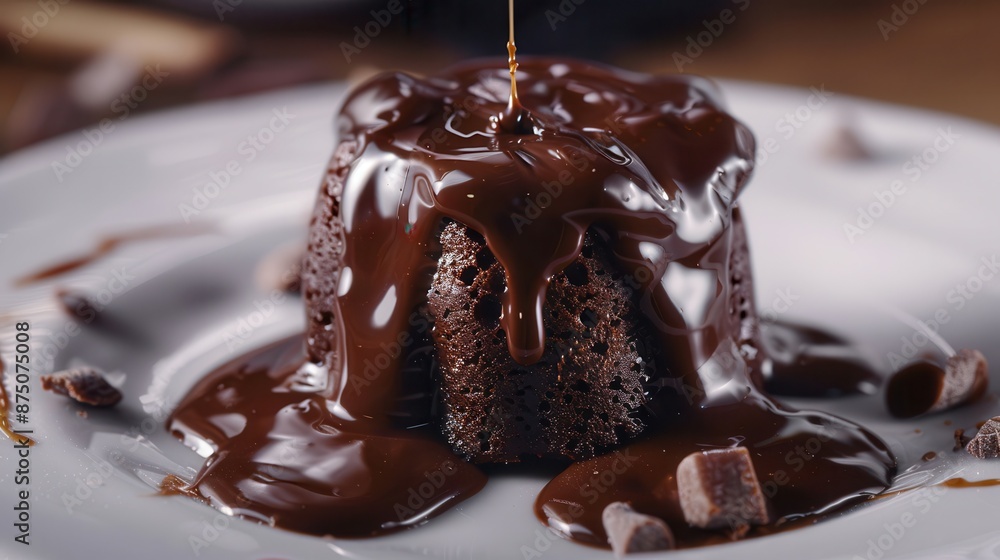 Close-up of dessert - chocolate fondant with flowing chocolate inside, on a white plate served in a restaurant Close-up of dessert - chocolate fondant with flowing chocolate inside, on a white plate served in a restaurant