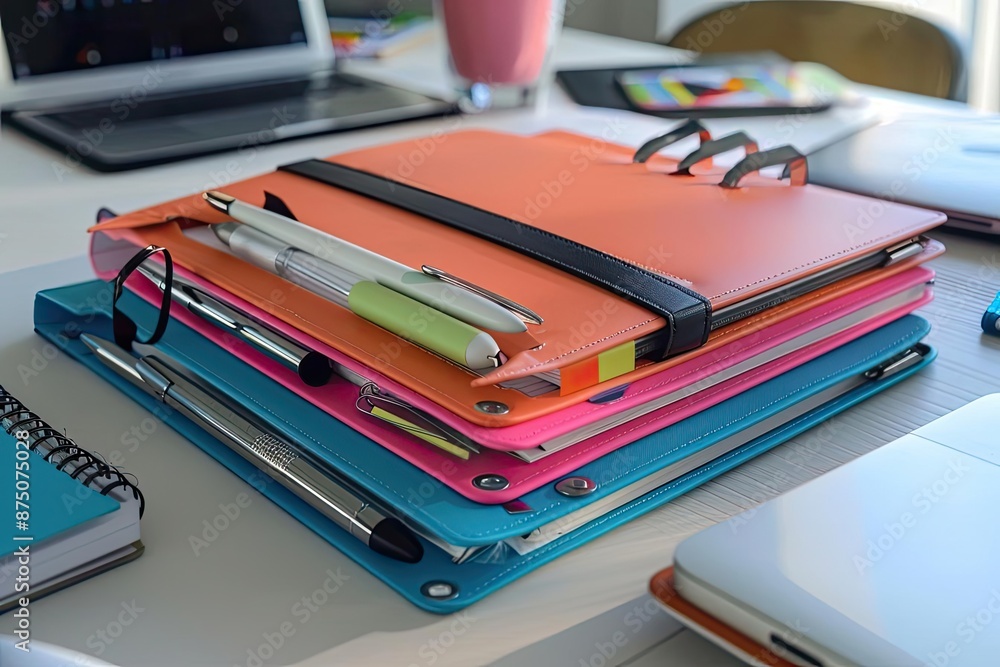Colorful binders stacked on an office desk with pens and notebooks; perfect for organization and productivity themes in work or school settings. Colorful binders stacked on an office desk with pens and notebooks; perfect for organization and productivity themes in work or school settings.