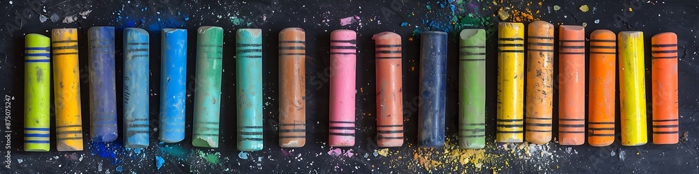 Crayons in a row on chalkboard, dust particles, closeup, flat lay, school art concept, copy space. Crayons in a row on chalkboard, dust particles, closeup, flat lay, school art concept, copy space.