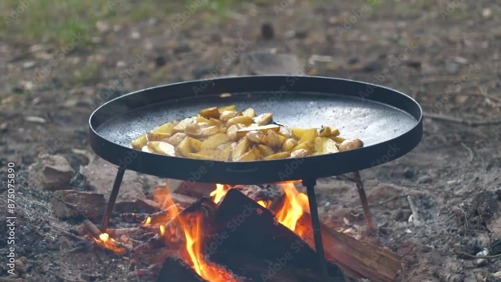 Young potatoes in a frying pan on a fire close-up Young potatoes in a frying pan on a fire close-up
