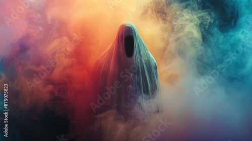 Mysterious figure standing in front of vibrant colorful smoke cloud in urban environment