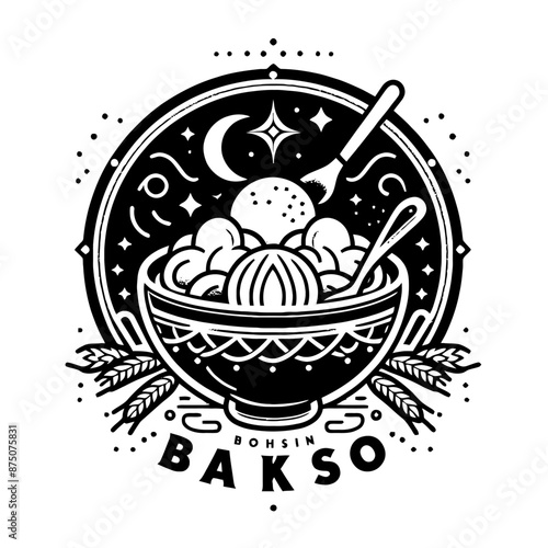 Bakso in decorative emblem ornament, Victorian, art deco, art nouveau, boho, bohemian,  folk, flourish