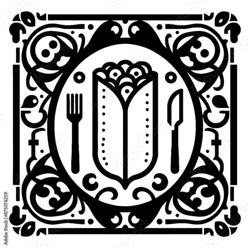 Burrito in decorative emblem ornament, Victorian, art deco, art nouveau, boho, bohemian,  folk, flourish