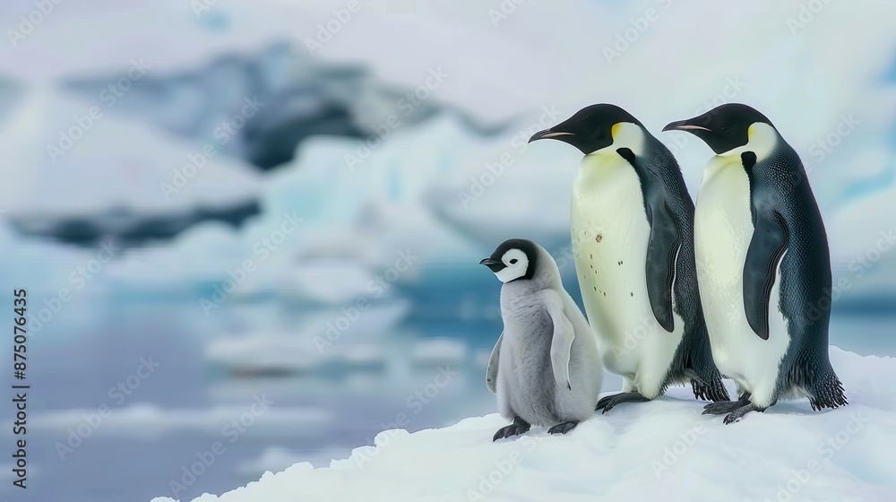 Fototapeta premium Family of emperor penguins on an ice floe, arctic scenery