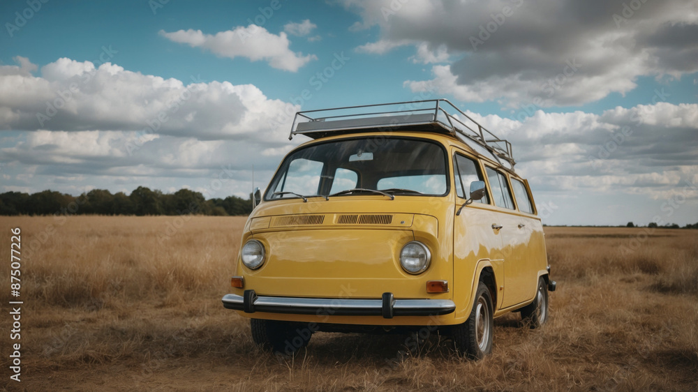 Fototapeta premium A vintage looking yellow van with round headlights parked on a yellow grass field, during a summer overcast day, hot weather and blast from the past