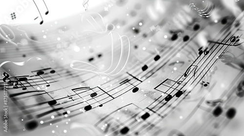 Close-up of a detailed musical notes sheet in black and white with a blurred background, focusing on rhythm and melody.