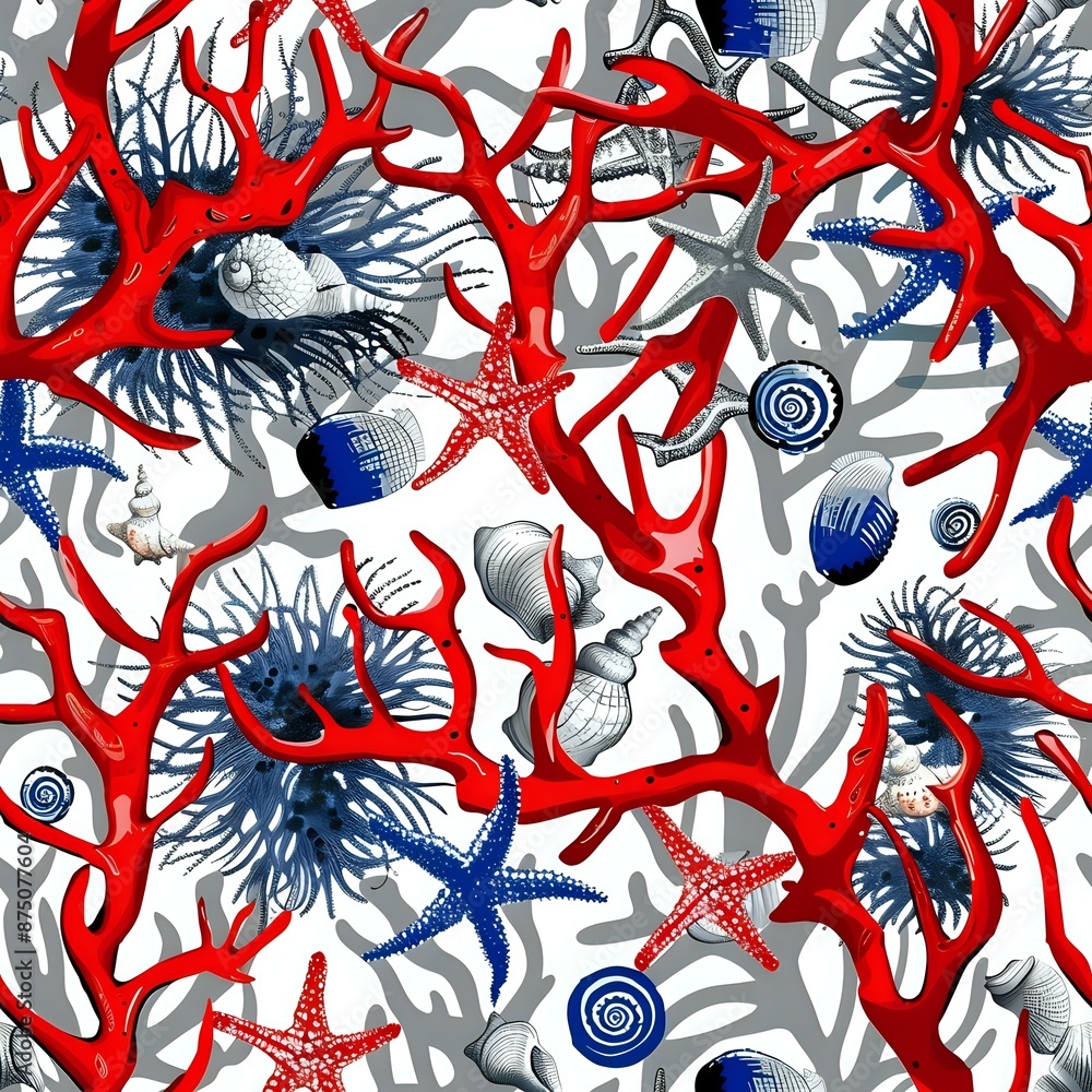 Obraz premium Red Coral and Nautical Elements Seamless Pattern for Textile Design