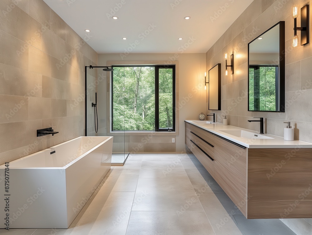 Spacious modern bathroom featuring a sleek bathtub, double sinks, large window with forest view, and contemporary fixtures.
Spacious modern bathroom featuring a sleek bathtub, double sinks, large window with forest view, and contemporary fixtures.
