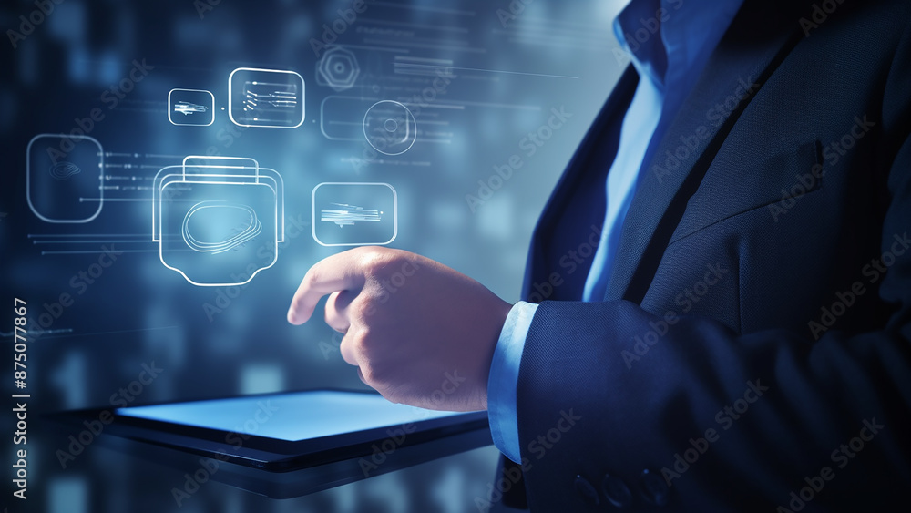 Fototapeta premium Financial and investment business planning, Businessman analyzing growth sales data graph on virtual screen.Digital online marketing, Businessman use laptop with advertising on website,ecommerce store