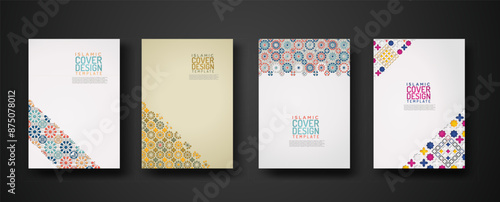 Set islamic cover design template with colorful detail and texture of floral mosaic islamic art ornament.
