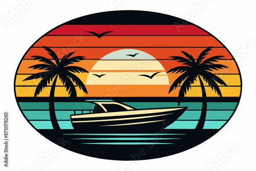 Retro sunset and sea black silhouette Surfing boat Vector Illustration - T-Shirt Design photo