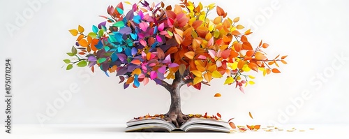Creative 3D book tree with colorful leaves, white background, vibrant and imaginative, realistic photo style.