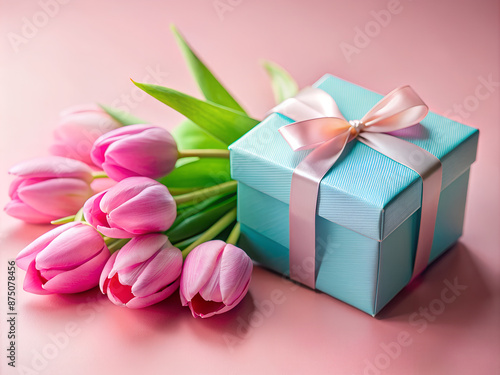 Gift boxes with a ribbon bow and a bouquet of pink tulips would make a great backdrop for your design.  © PETR BABKIN