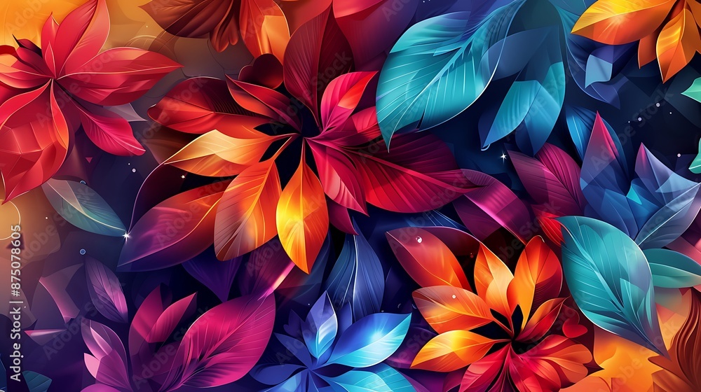 Abstract design with colorful geometric leaves and petals, creating a vibrant wallpaper for modern art prints. Abstract design with colorful geometric leaves and petals, creating a vibrant wallpaper for modern art prints.