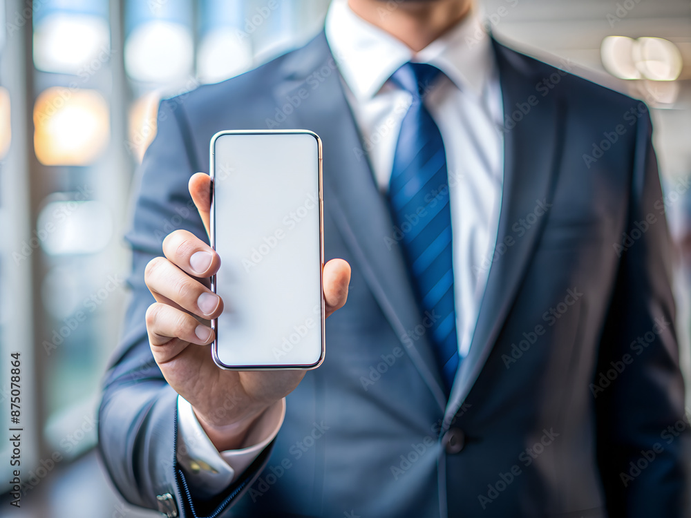 A businessman's hand is holding a mobile phone with a blank screen.Close-up. A businessman's hand is holding a mobile phone with a blank screen.Close-up.