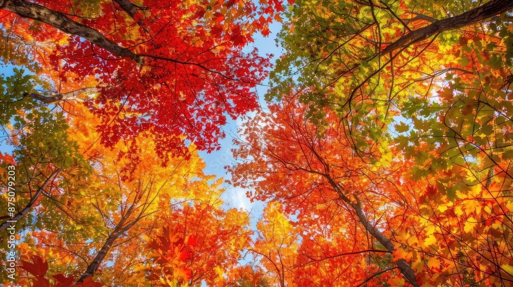 Vibrant autumn foliage with colorful leaves and clear blue sky. Beautiful seasonal scene showcasing nature's beauty in fall. Vibrant autumn foliage with colorful leaves and clear blue sky. Beautiful seasonal scene showcasing nature's beauty in fall.