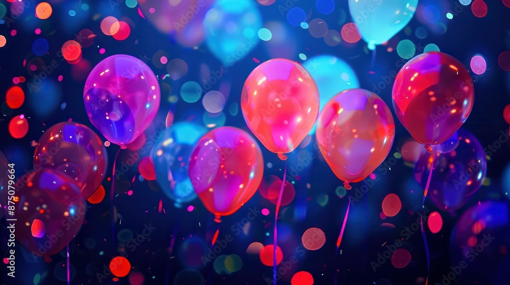 Fluorescent balloons on a dark background with neon colors, artistic and dynamic look Fluorescent balloons on a dark background with neon colors, artistic and dynamic look