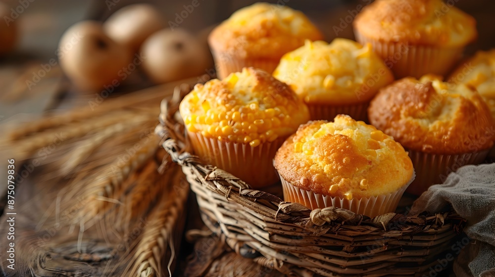 Freshly Baked Corn Muffins Arranged in a Rustic Wicker Basket with Copy Space Freshly Baked Corn Muffins Arranged in a Rustic Wicker Basket with Copy Space