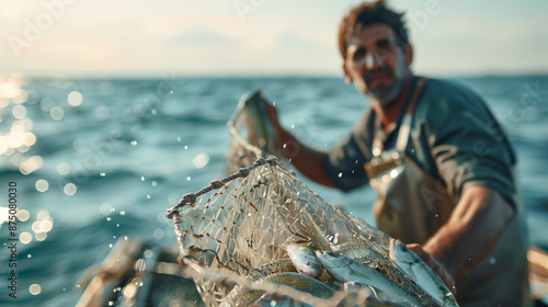 fish in the net held by the fisherman in the sea, blur background, fisherman in wet work clothes and satisfied expression, net full of sparkling fish, wide sea background Ai generated images photo