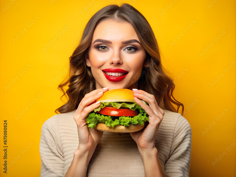 A woman holds a delicious burger in her hands. Hamburger with fresh buns and meat. A woman holds a delicious burger in her hands. Hamburger with fresh buns and meat.