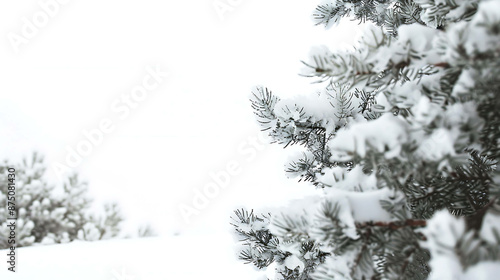 This image shows a snow-covered pine tree branch against a white background.