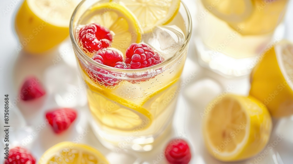Glass of homemade lemonade with raspberries, decorated with lemon slices, refreshing scene Glass of homemade lemonade with raspberries, decorated with lemon slices, refreshing scene