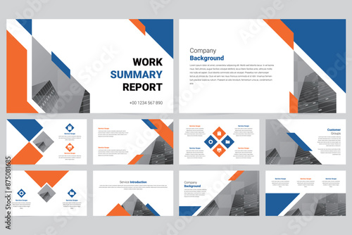 Blue and orange modern business work report slide presentation template