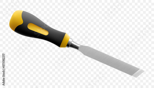 Chisel, carpentry hand tools for woodworking and wood carving. Stand for working with wood. Chisel with wooden handle isolated on transparent background. Realistic 3d Vector illustration.