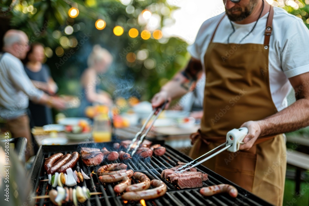 Man in an apron grilling meat on the grill at home, outdoor barbecue party with family and friends Man in an apron grilling meat on the grill at home, outdoor barbecue party with family and friends