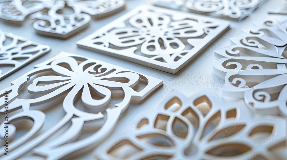 Intricate white paper cutouts with floral and geometric patterns, ideal for decor or design projects, arranged on a light background. Intricate white paper cutouts with floral and geometric patterns, ideal for decor or design projects, arranged on a light background.