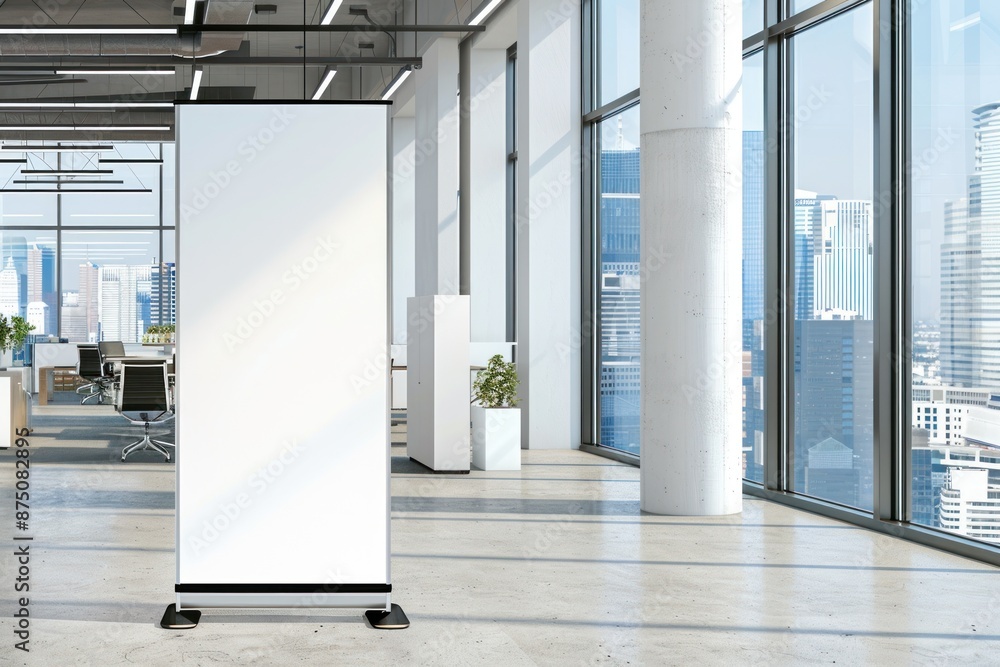 Mockup of a blank vertical banner stand placed in a modern office environment with large windows overlooking Mockup of a blank vertical banner stand placed in a modern office environment with large windows overlooking