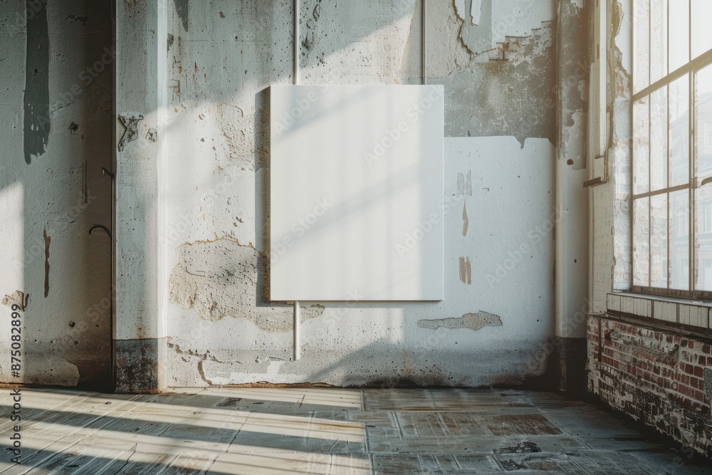 Mockup of a blank vertical banner stand placed in a modern office environment with large windows overlooking Mockup of a blank vertical banner stand placed in a modern office environment with large windows overlooking